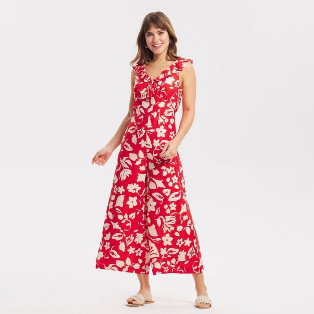 Women's Ruffle Tie-Front Jumpsuit - A New Day Red Floral L